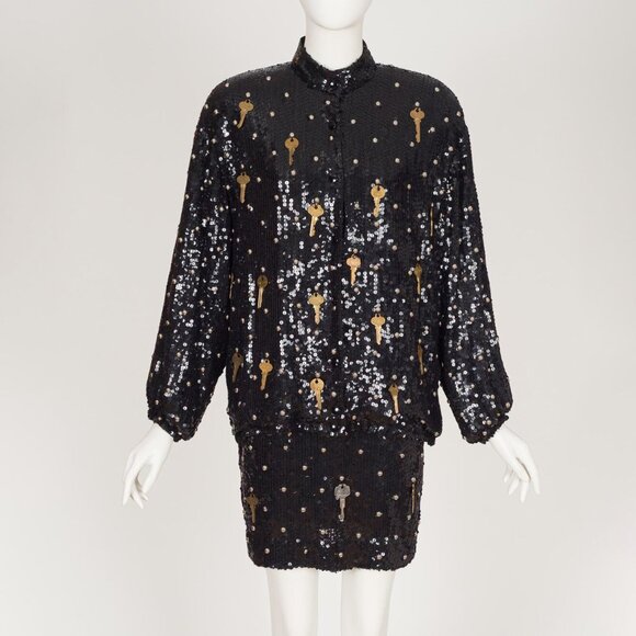 Dresses & Skirts - Jeanette Kastenberg 1980s Key Embellished Black Sequin Bomber Jacket & Dress Set